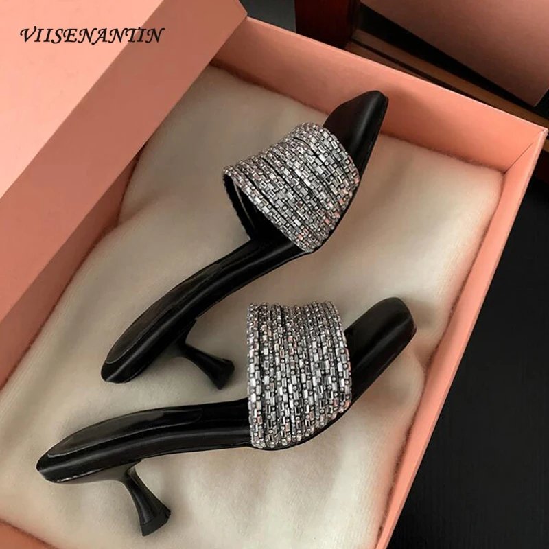 Luxury Design Shiny Crystal Women Slippers Flats Shoes Outdoor Wear Open Toe  Thin High Heel Slides Glitter Flip Flops Females