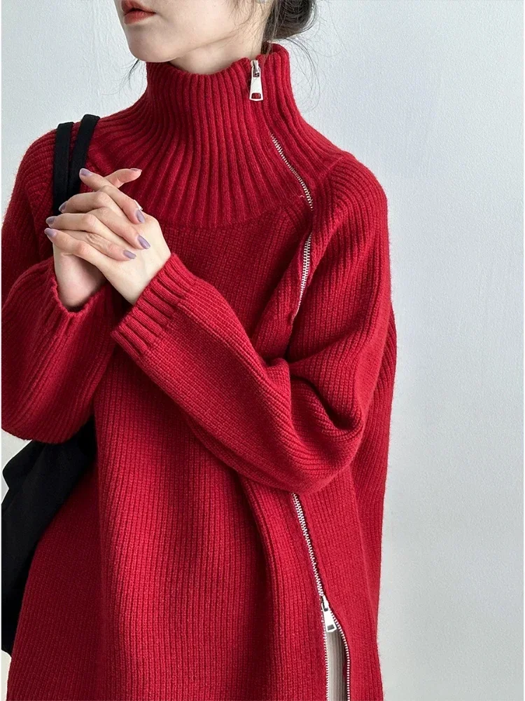 Women\'s Turtleneck Zipper Oversize Fashion Women Sweaters 2024 Autumn Knitwears Loose Thick Warm High Neck Solid Pullovers Women