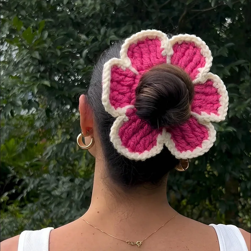 

Korean Sweet Cute Handmade Crochet Scrunchies Headband Women Spring and Summer Travel Knitted Flower Hair Rope