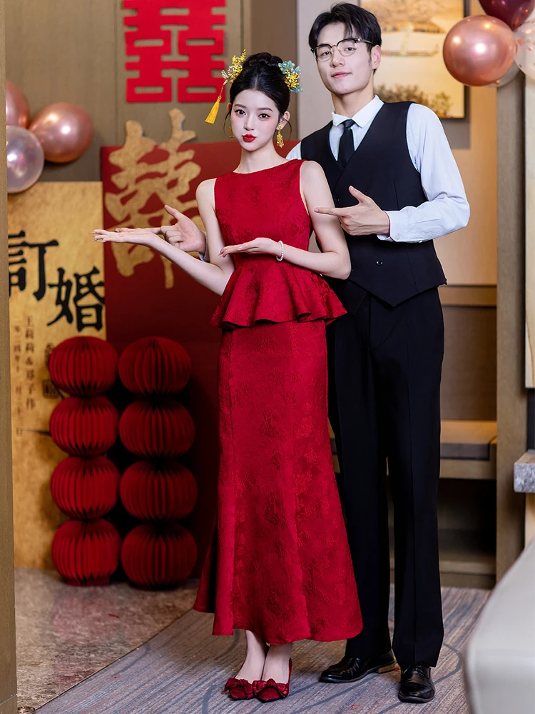 

Красное новое китайское свадебное платье-русалка с длинной юбкой для церемонии бракосочетания и банкета