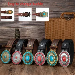 Red sapphire oval big plate buckle simple matching stripe PU embossed button belt