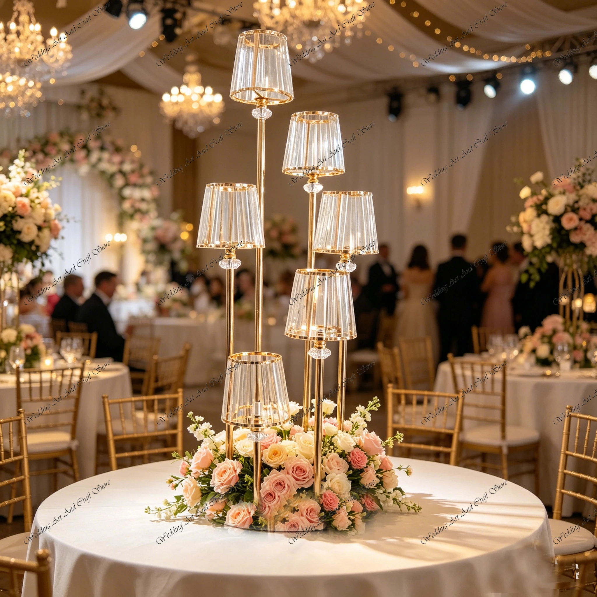 

4-10pcs f30 Tall 6 Head Gold Crystal Candelabra Centerpieces ,Vintage Style Pillar 5 Arms Crystal Candle Holders