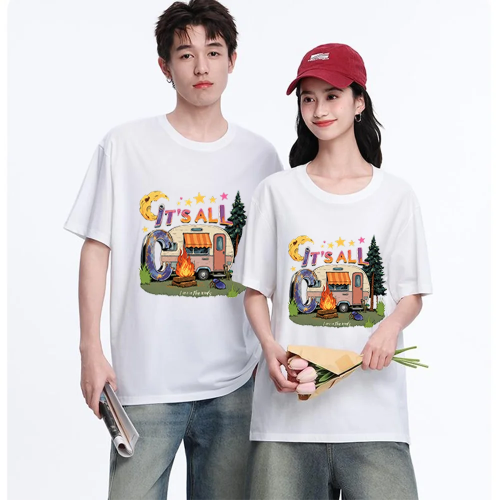 Camping Car Fire Moon Star Printed T Shirt Breathable Fabric S-XXL Personalized Custom Casual Short Sleeve Tee Aesthetic Graphic