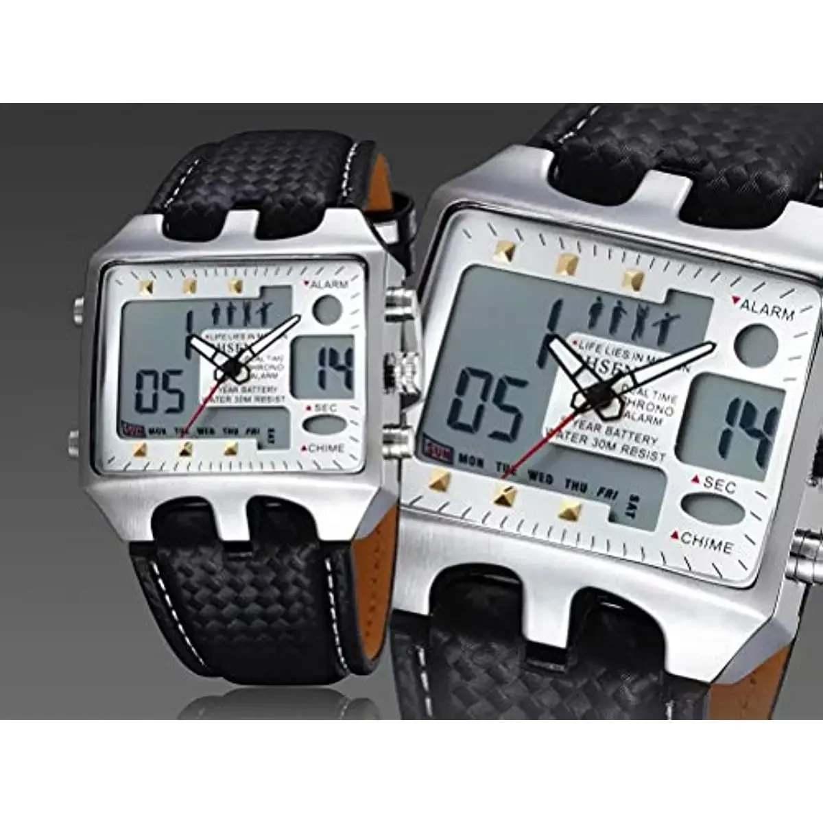 OHSEN Dual Time Big Face Analog Digital Alarm Chime Day Date LED Mens Quartz Sport Watch Waterproof Nice Gift