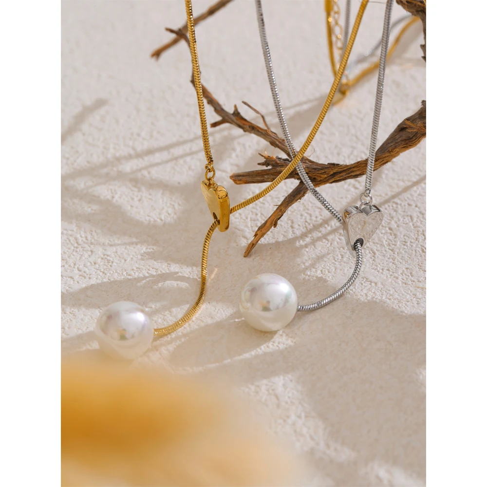Yhpup New Arrival Simulated Pearls Round Drop Adjustable Necklace Pendant for Women Fashion Stainless Steel Korean Jewelry