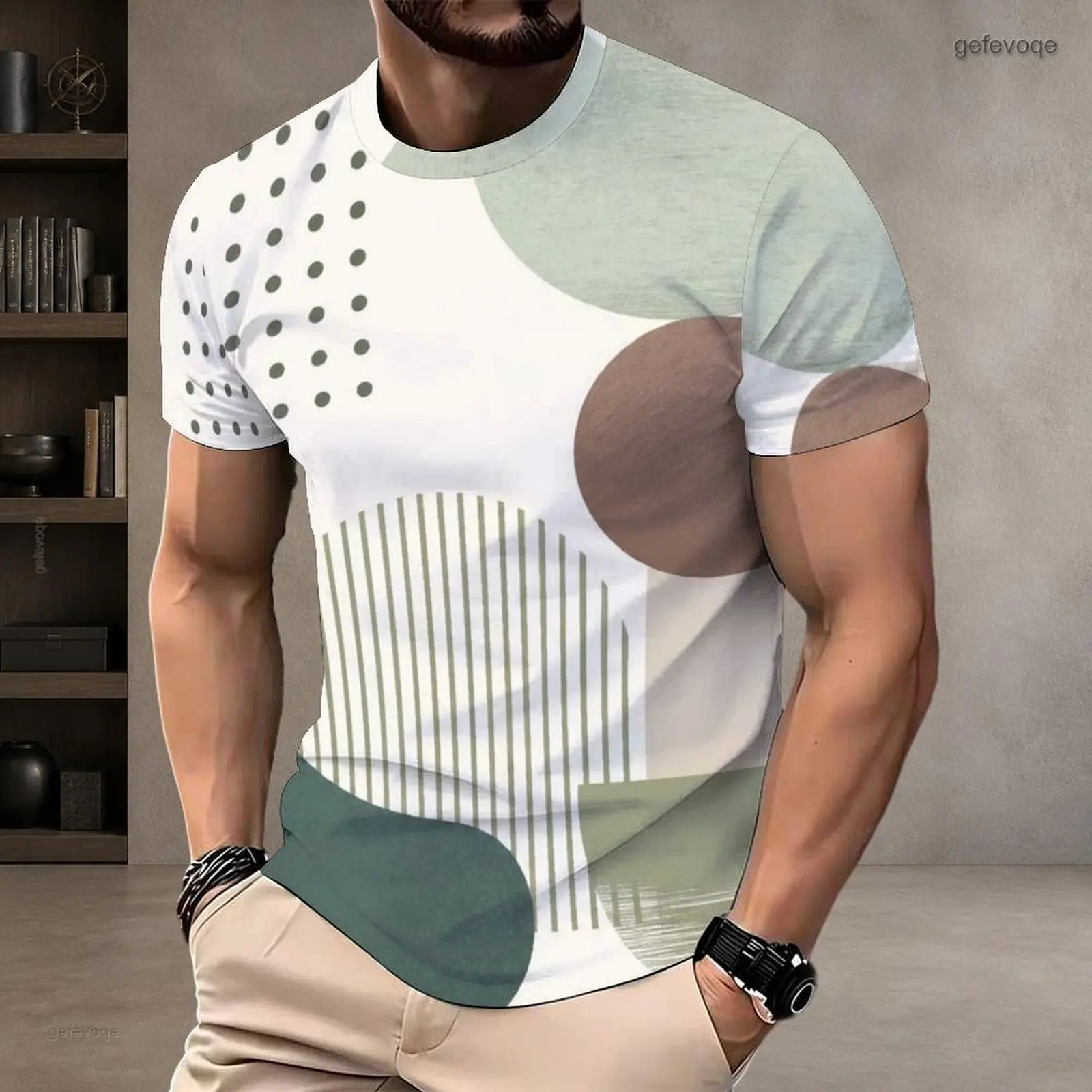 Men Printed Horizontal Striped Round Neck Short Sleeve T-Shirt White Pink Grey