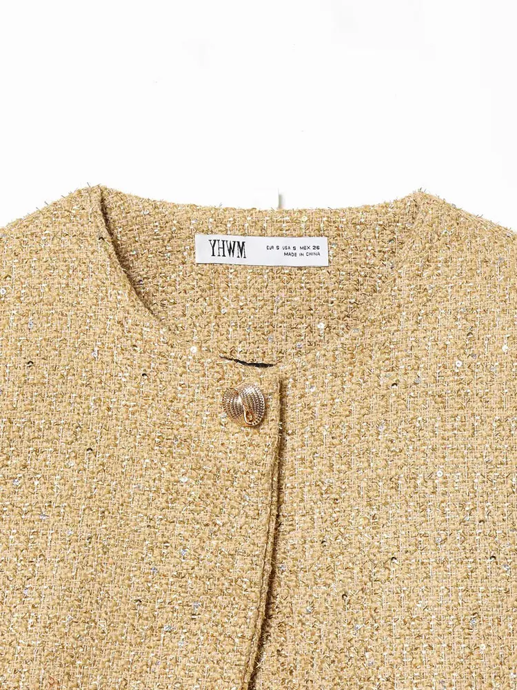 NLZGMSJ سترات نسائية أنيقة غير رسمية عتيقة مع ترتر أزرق سادة ورقبة دائرية معاطف قصيرة موضة جديدة لخريف 2025 سترات أنيقة للعطلات #3