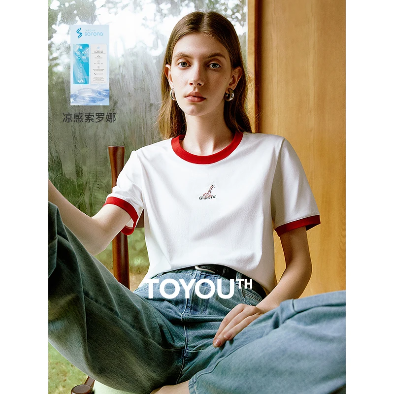 TOYOUTH Women T-shirt 2024 Summer New Sorona Contrasting Edge O Neck Short Sleeve Animal Embroidery Casual T-shirt 3 Colors