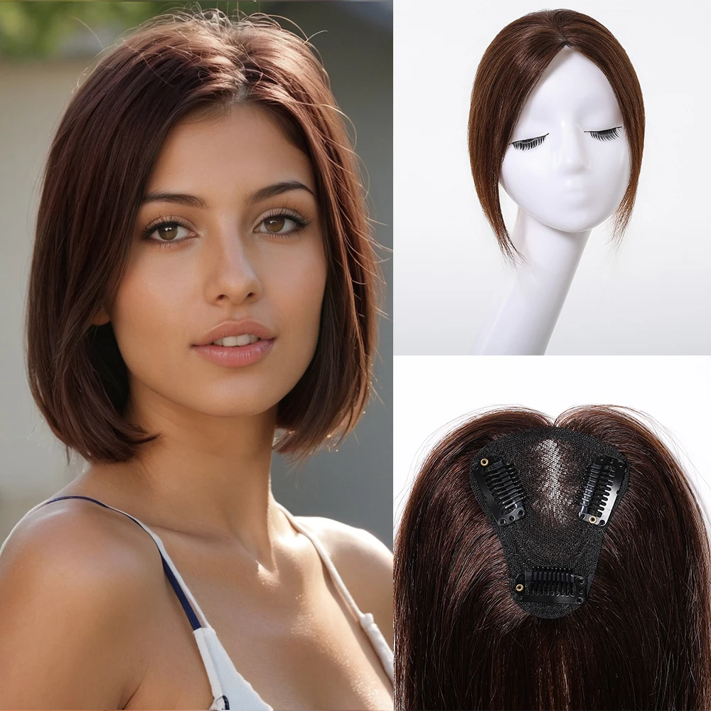 Topper de Cabelo Humano 100% Remy Ombre Castanho de 10 Polegadas com Base de Renda 3x3.5 Polegadas para Mulheres com Cabelo Ralo e Parte Central