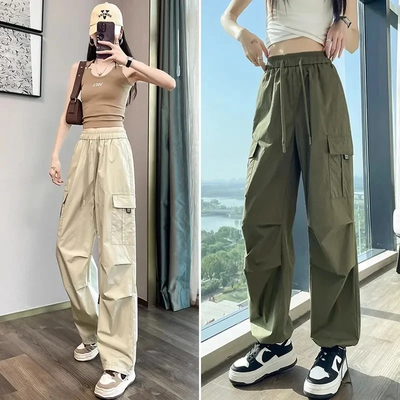 

Ladies Ice Shreds Quick Drying Work Pants Summer Women High Waisted Wide Leg Trousers American Style Female Bound Feet Pantalons