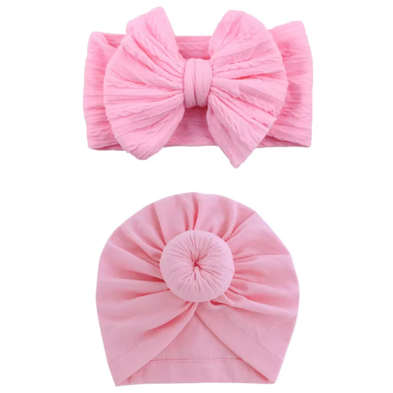 

Набор тубан для новорожденных, вязаная детская шапочка с нейлоновой детской повязкой на голову, бантами, эластичная хлопковая детская индийская шапка, аксессуары для новорожденных