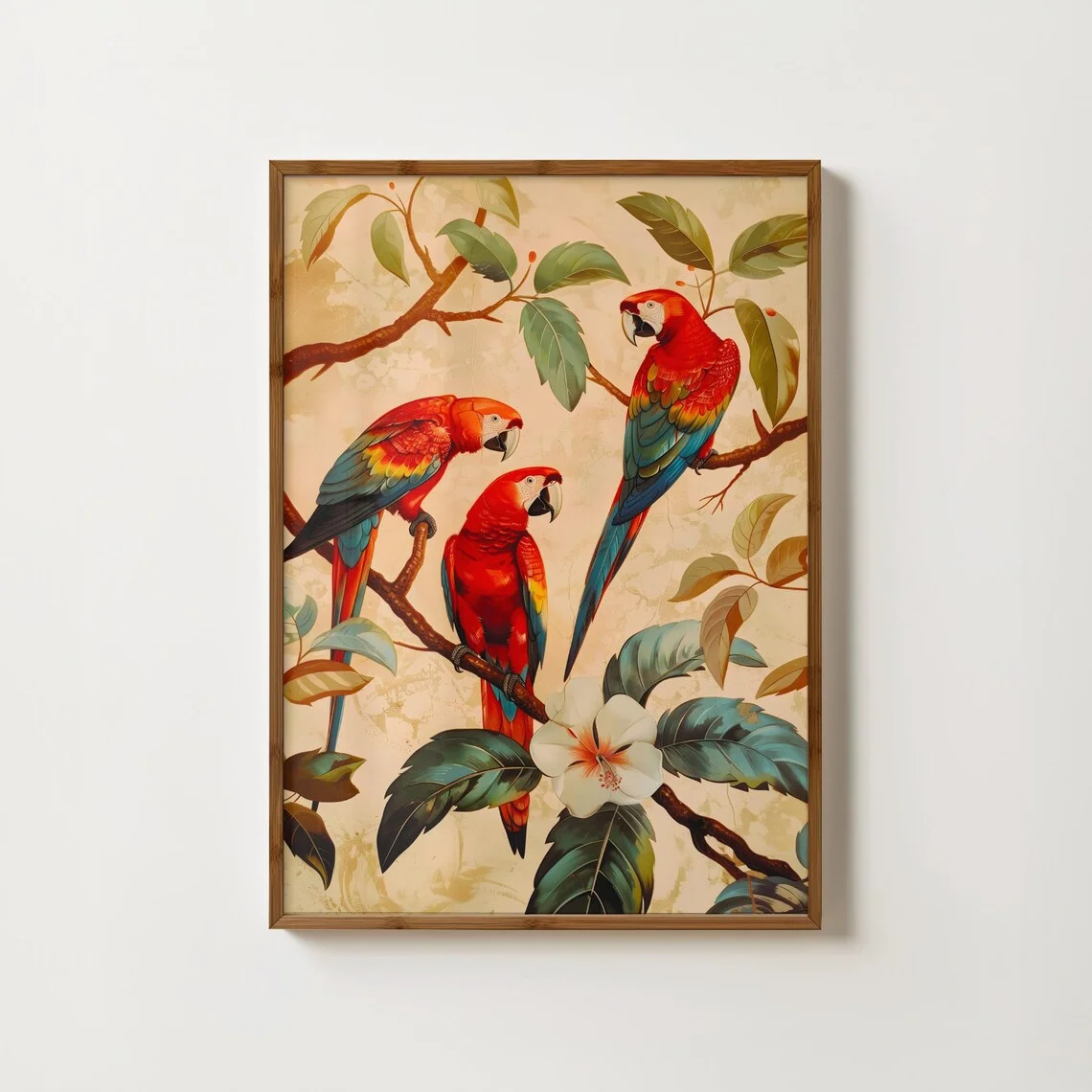 Vintage Parrot Print Botanical Parrot Painting Red Macaw Parrot Wall Art Jungle Animal Decor Tropical Birds Print Antique Parrot