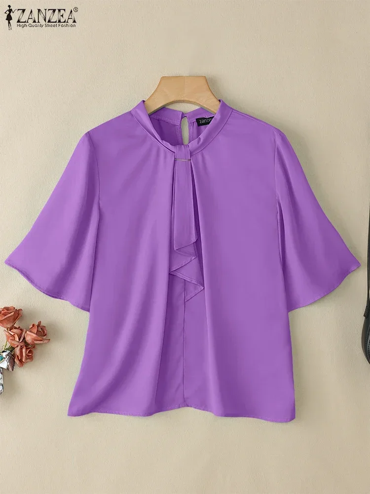 ZANZEA Commute Office Womens Blouses 2025 Summer Fashion Half Flared Sleeves Elegant Smock Top Tie-Neck Solid Color Blusas Mujer
