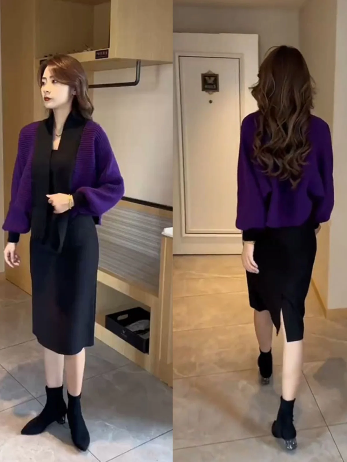 패셔너블한 V넥 배트윙 스타일 니트 오픈 가디건 여성용 가을 겨울 신상 슬리 컬러 블록 스웨터 자켓 드레스