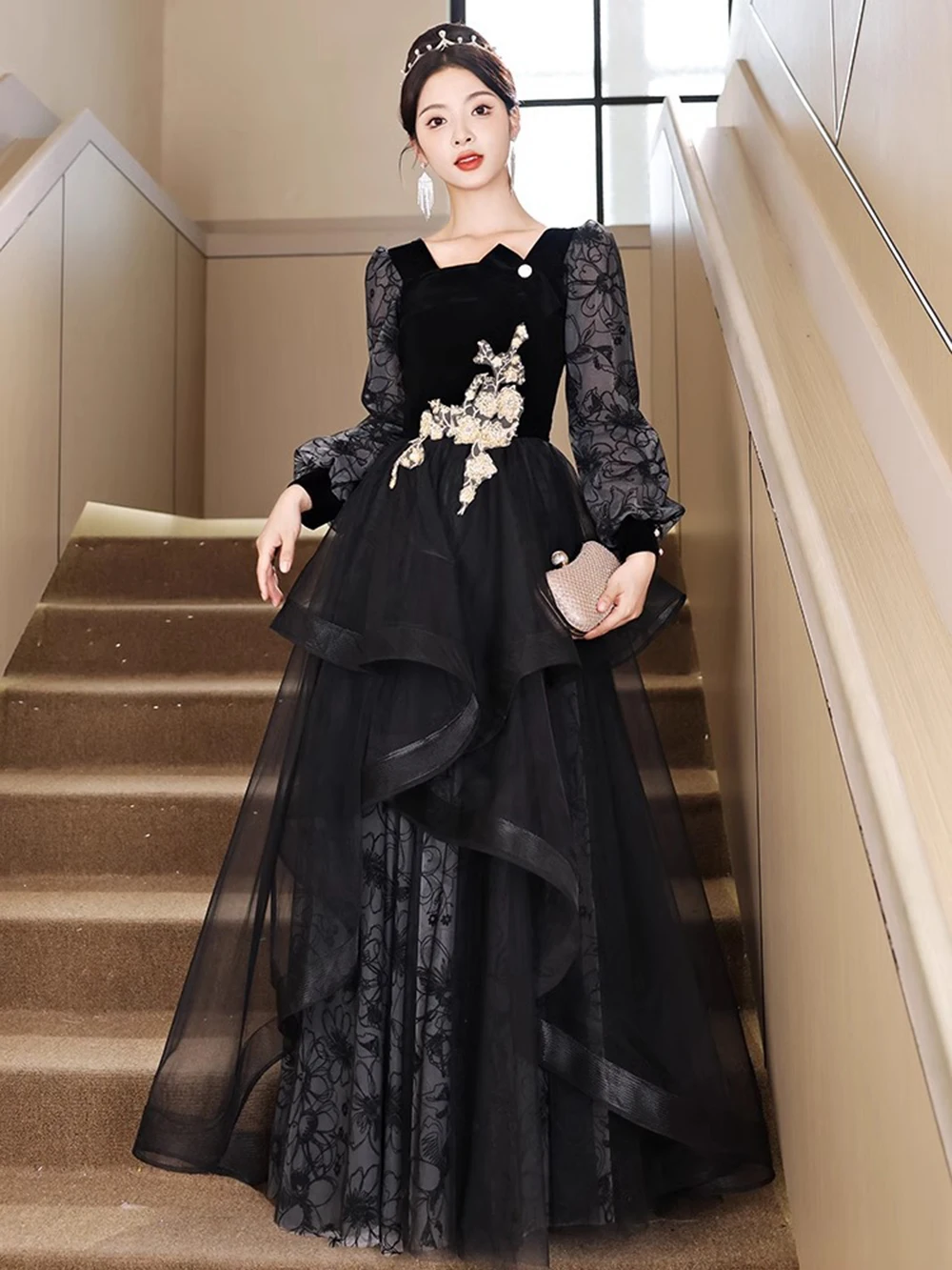 Black Elegant Evening Dress Women Winter Square Collar Long Print Sleeved Velvet Patchwork Prom Gown Mesh A-line Tiered Vestido