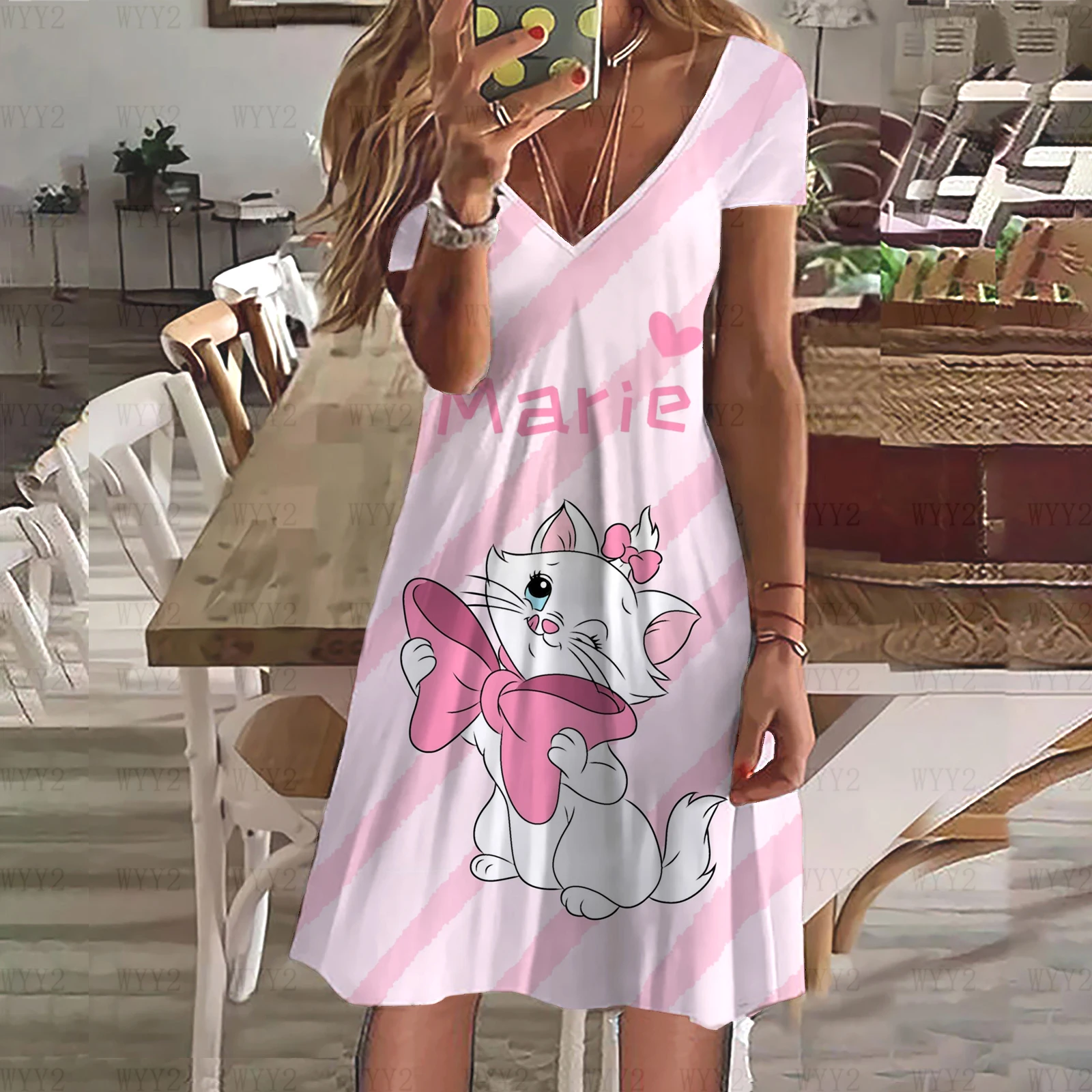 แฟชั่นฤดูร้อนสาวชุด Disney Marie Cat V คอลําลองสไตล์ Pastoral Slim หวานขี้เกียจ Midi ชุดหลวม Street สไตล์กระโปรง