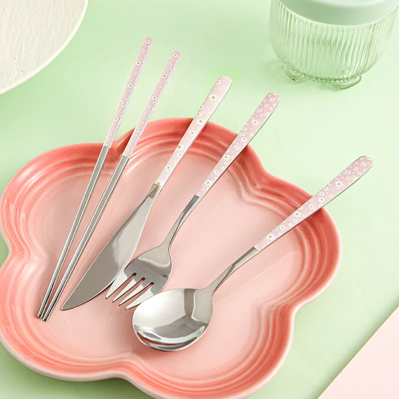 Stainless Steel Korean Style Knives Forks Spoons Chopsticks Fresh Daisy Tableware