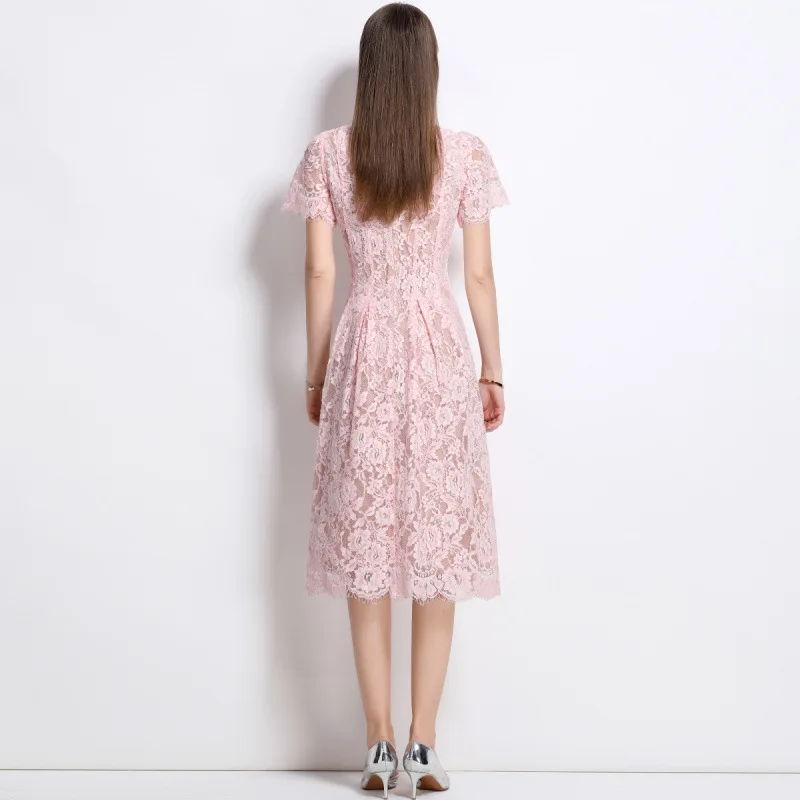 Perle rose décorée diamant dentelle ort Sve ronde Ne Dr Ele Spring Faion femme Dr Thiened Spring Dr