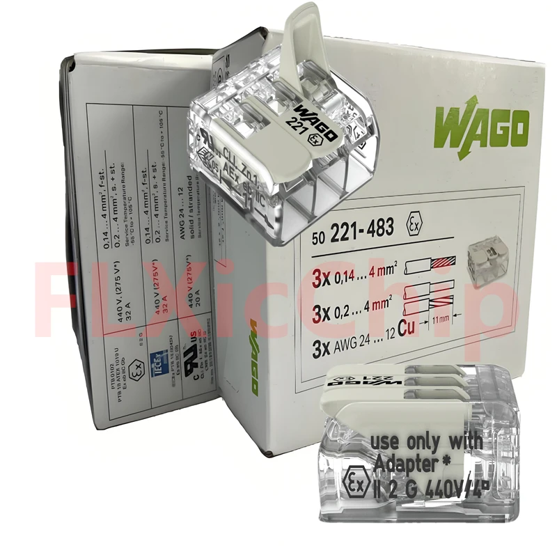 

50PCS per box original 221-483 WAGO 3-hole explosion-proof terminal 4MM² wire docking connector Quick connection of lamps