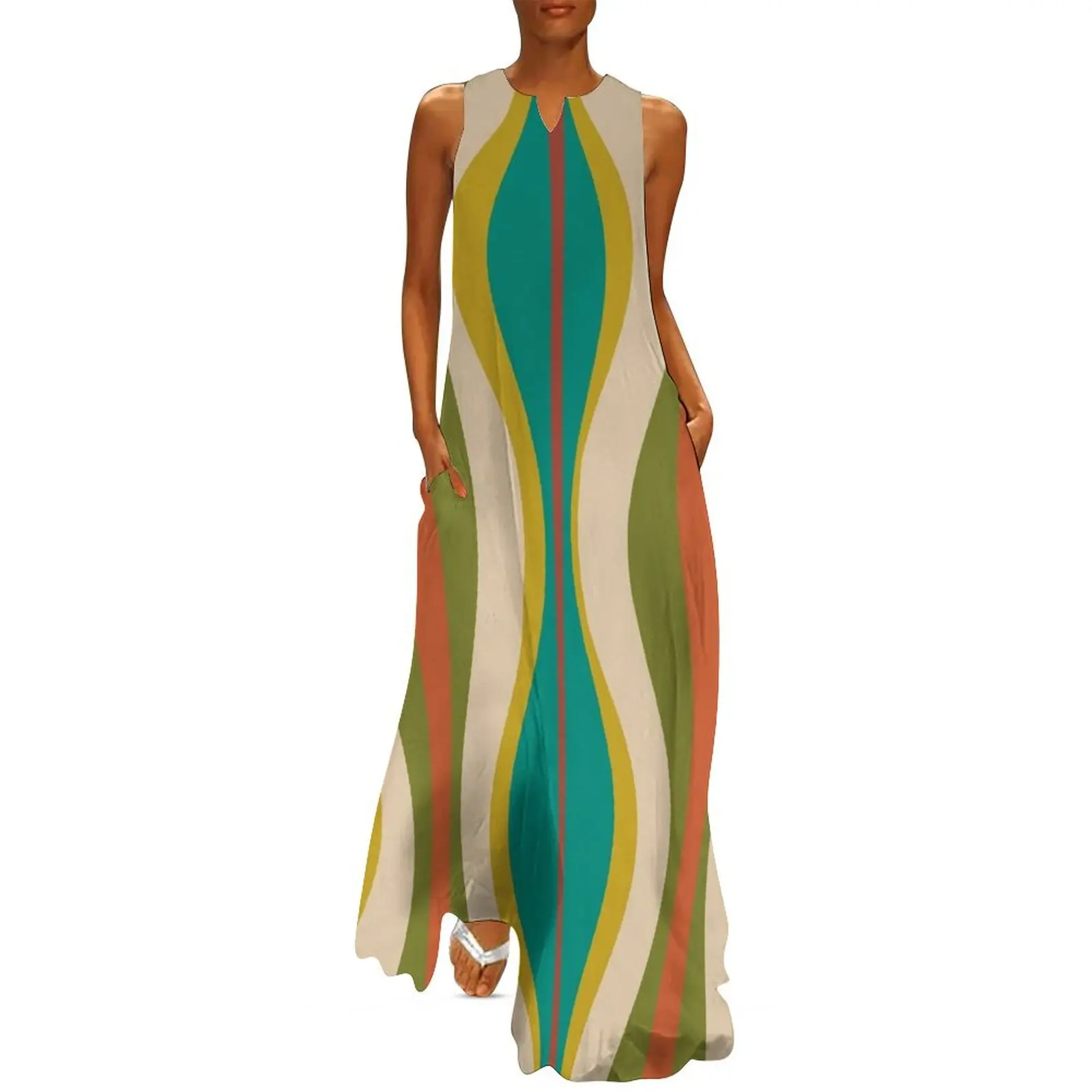 

Hourglass Abstract Midcentury Modern Pattern in Turquoise Teal, Mustard, Orange, Olive, and Mid Mod Beige Long Dress