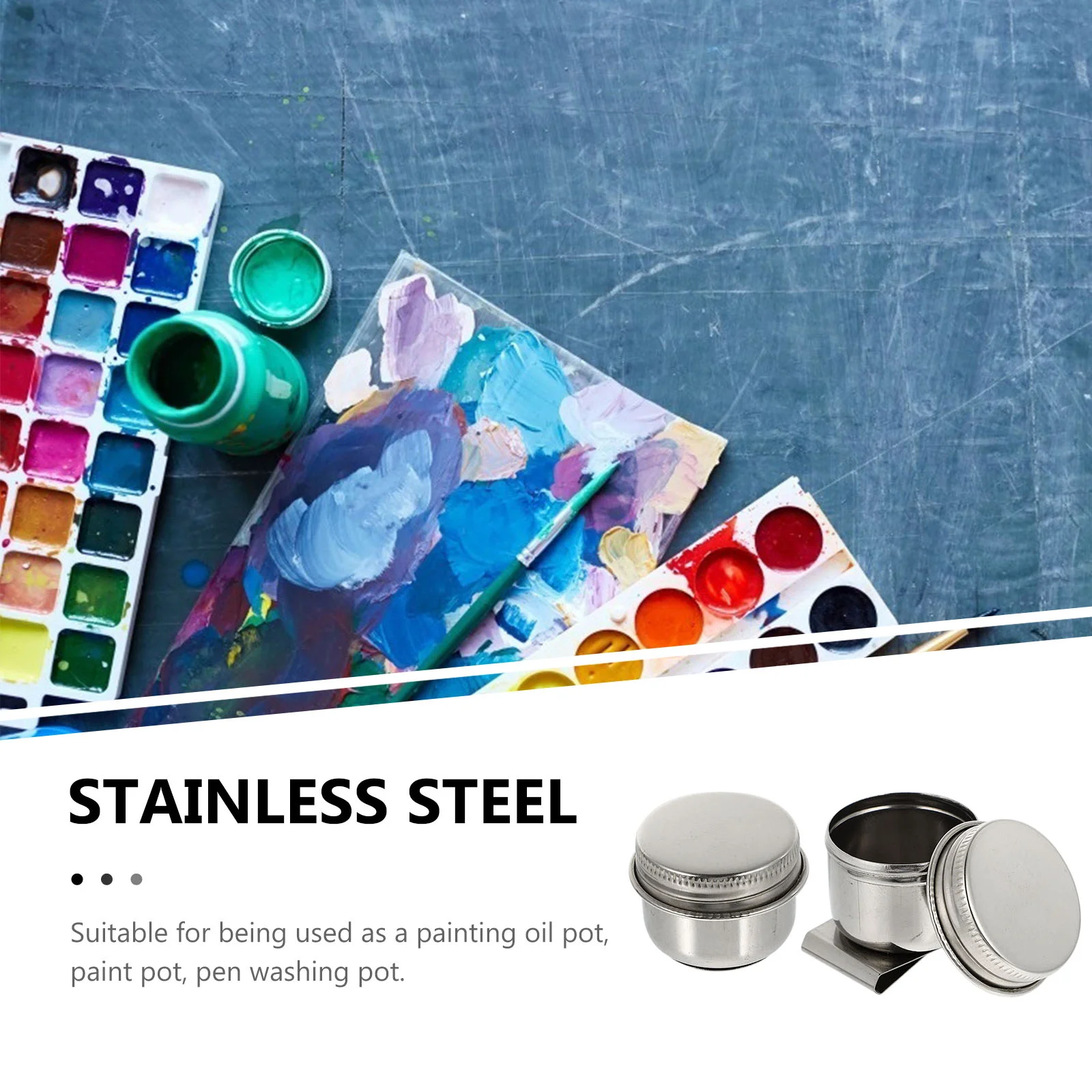 2 Pcs Painting Brush Pen Pot Palette with Lid Container Oil Pots Single Cup Clip 45X42X35CM Stainless Steel