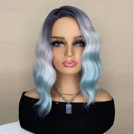 Short Synthetic Wigs for White Women Ombre Blue Heat Resistant Blue Wigs for Daily Party Cosplay Costume Wigs 12 Inch