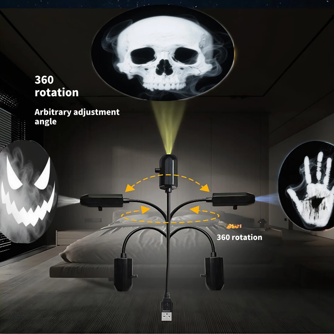 360 °   Projetor de luz LED de caveira rotativa com impressões de palma intercambiáveis e vozes, decoração de Halloween alimentada por USB para teto e parede