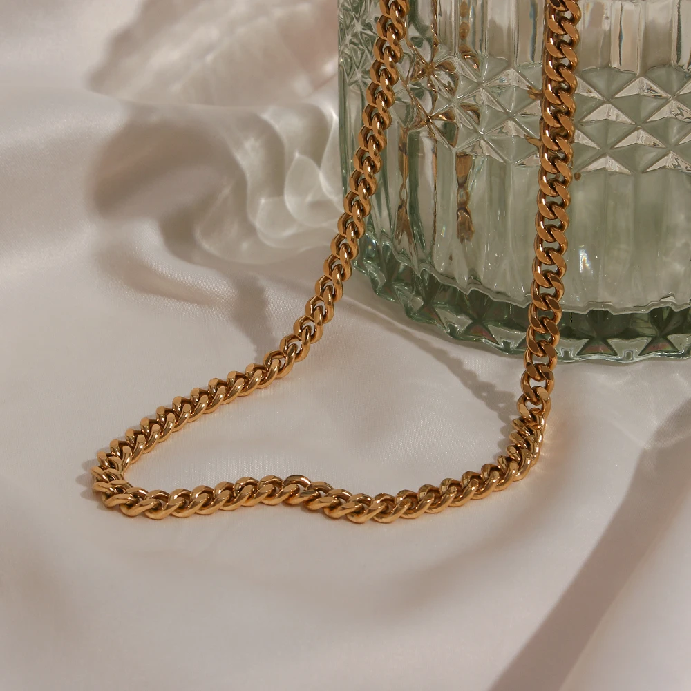 E.B.belle Basic Stainless Steel High Polishing Cuban Chain Necklace 18K Gold Plated Titanium Necklaces For Women Jewelry