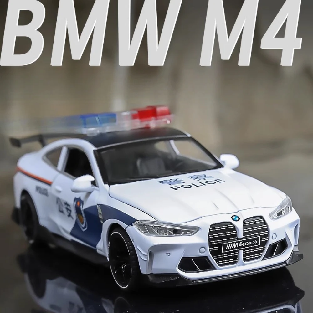 BMW M4 Polizeiauto-Spielzeugmodell im Maßstab 1:32, Druckguss-Legierung, Ton, Licht, zurückziehen, 4 Türen, geöffnete Fahrzeugmodelle, Kinder, Weihnachtsgeschenke