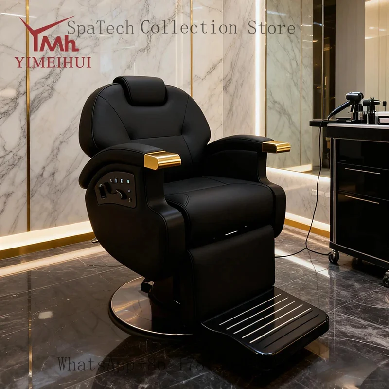 New Adjustable Black Leather Electric Swivel Reclining Barber Chair with Heating Function Salon Furniture