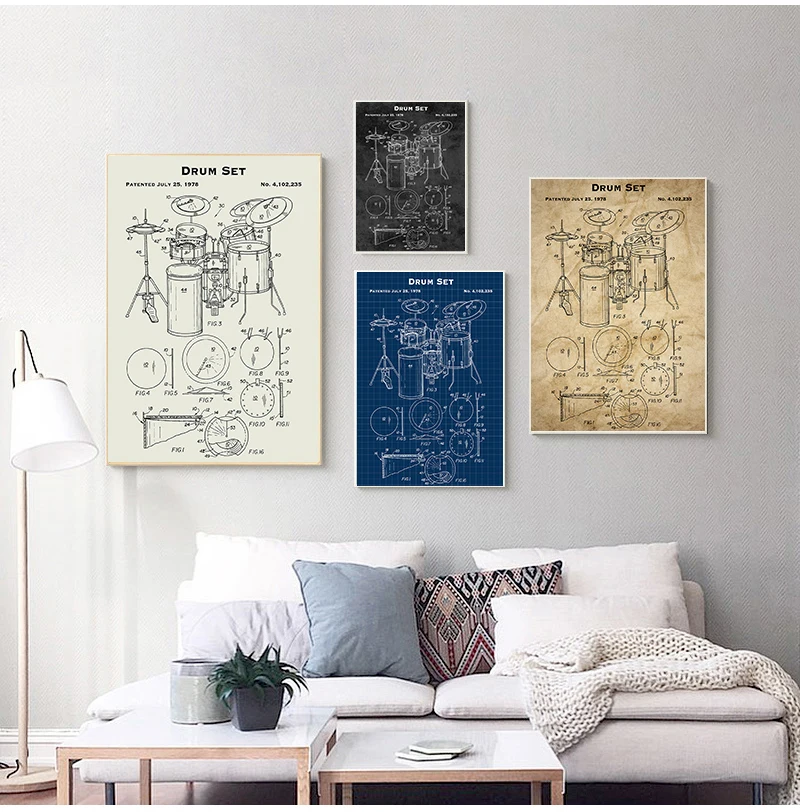 Music Instruments Patent Print Vintage Poster Drum Blueprint Retro Wall Art Canvas Painting Drummer Gift Music Studio Decor