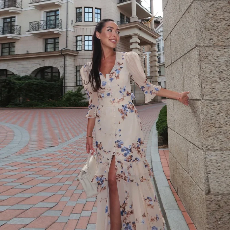 Women Chic V-neck Belte Slit Flower Print Maxi Dress Ruffle Trim High Chiffon Dresses 2026 Summer Fashion Party Vacation Robe
