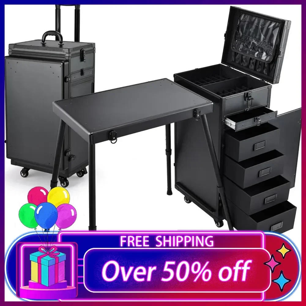 Rolling Manicure Table for Workstation 5 Drawers Makeup Case Foldable Nail Desk Cosmetology Case on Wheels with Brush Pouch