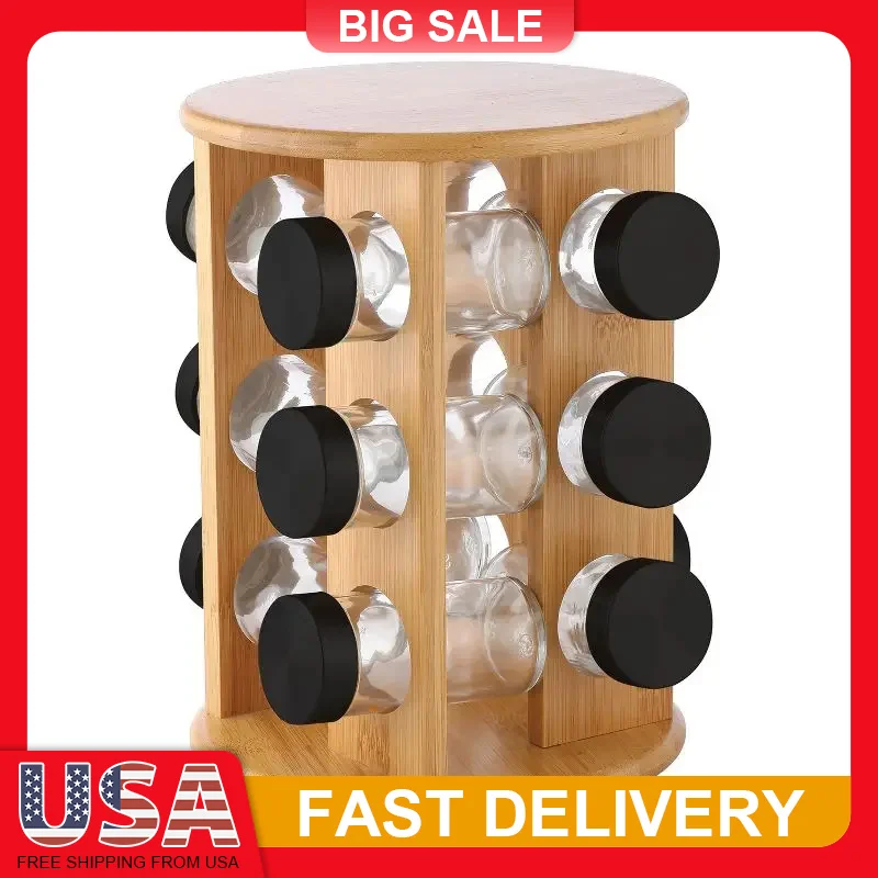 

12Jar Rotating Spice Rack Organizer with Jars Bamboo Wood Countertop Storage Space Saving Kitchen Cabinet Shelf for Home Cooking