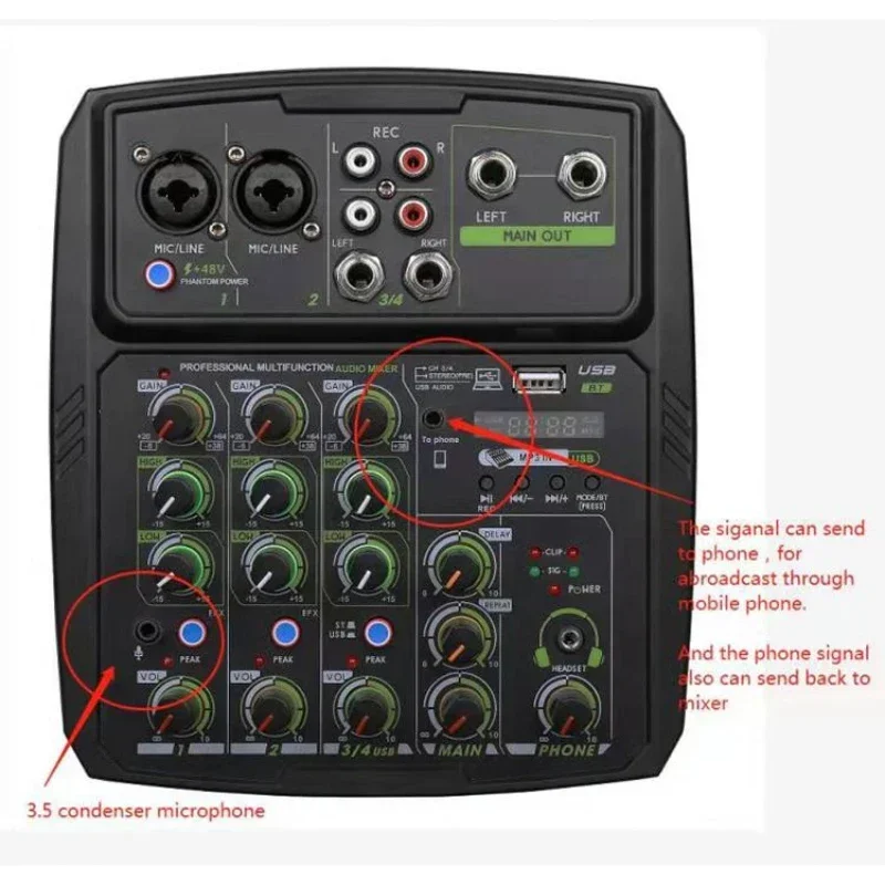 Mobile PC live recording audio mixer 4 channel sound card USB Mini Pro audio mixer BT 48V Table Mixing Console