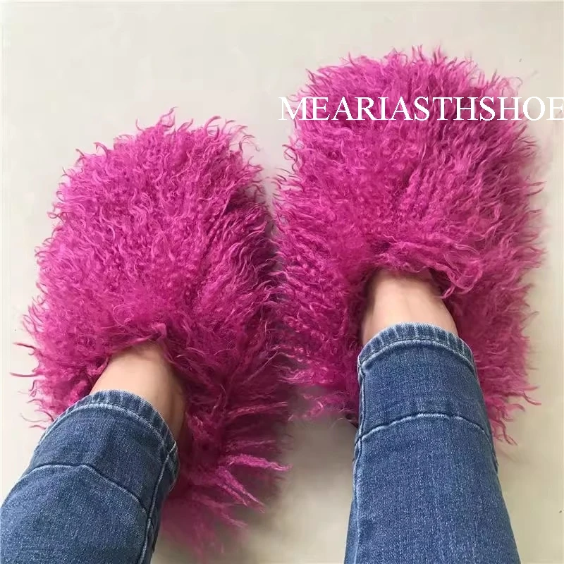 

Women Autumn Winter Furry Fur Slippers Fluffy Faux Mongolian Fur Slides Warm Plush Slippers Fuzzy Flip Flops Luxury Woman Shoes