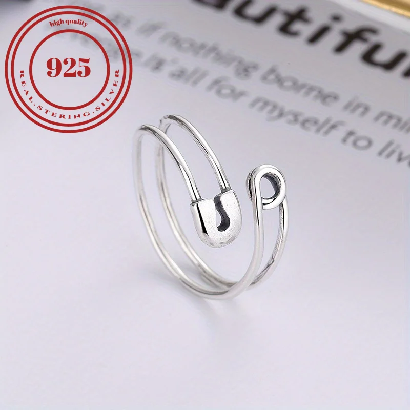 S925 Hip Hop Sterling Silver Safety Pin Ring - Unique and Stylish Open Joint Design.