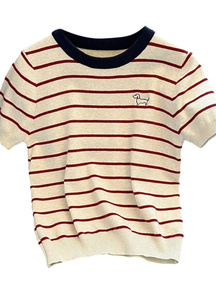 Camiseta de malha bordada ort Sve feminina verão slim fit listrado ort sle versão coreana top faionable