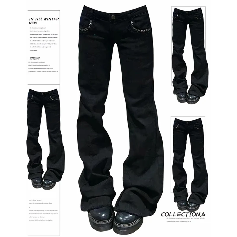 YIBASHU Women Low Rise Jeans Black Flared Denim Pants Gyaru American Retro Korean Cyber Punk Rivet Jeans Y2k Skinny Bell Bottom