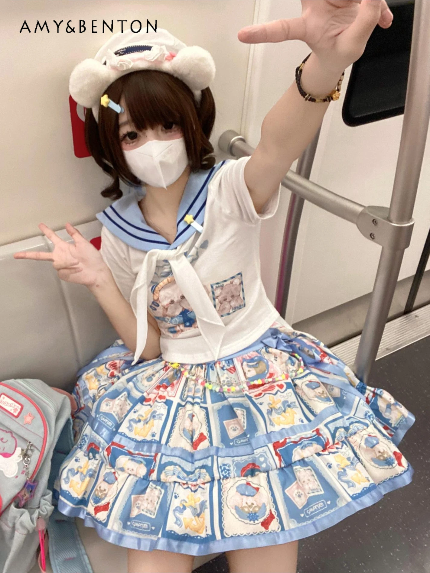 

Summer Daily Kawaii Princess Lolita Skirt Sets Sweet Navy Collar Cartoon Print Short-sleeved Top Mini Tutu Skirt Two-piece Set