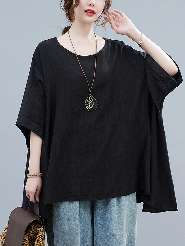 안티에이징 루즈핏 예술적 스타일 플러스 사이즈 여성용 티셔츠, 몸매를 가려주는 슬림핏 탑, 더 젊어 보이는 여름 의류