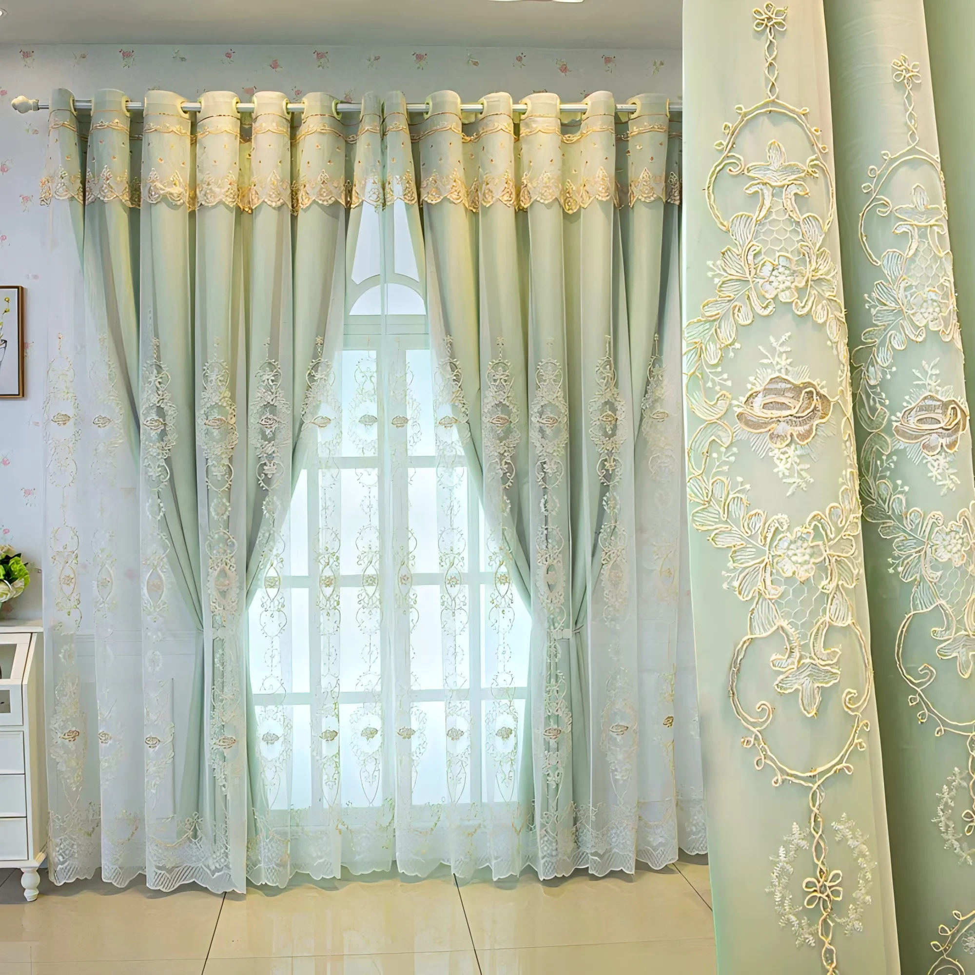 1pc Vintage Green Lace Curtain 100% Blackout Double Layer All-in-One with Embroidery Sheer for Farmhouse & Cottage Home Decor