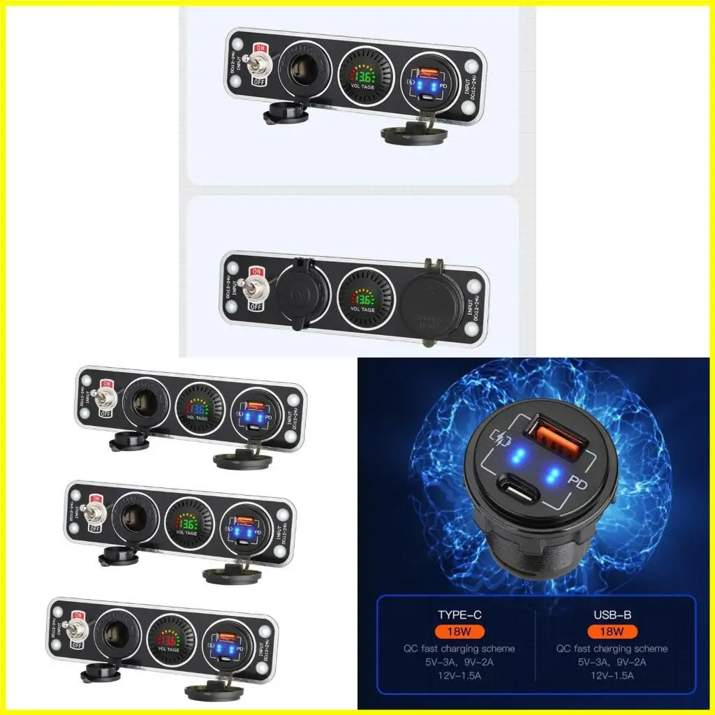 USB+Type-C Socket 12V 24V PD QC3.0 18W Power Socket for Marine Truck Vehicles with Voltmeter On Off Button Wire