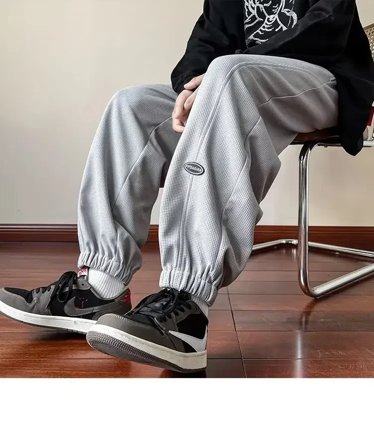 

Spring New Waffle Plaid Pants For Men's Summer Oversized Wide Leg Baggy Pants Korean Fashion Casual Sports Pants Y2k Streetwear