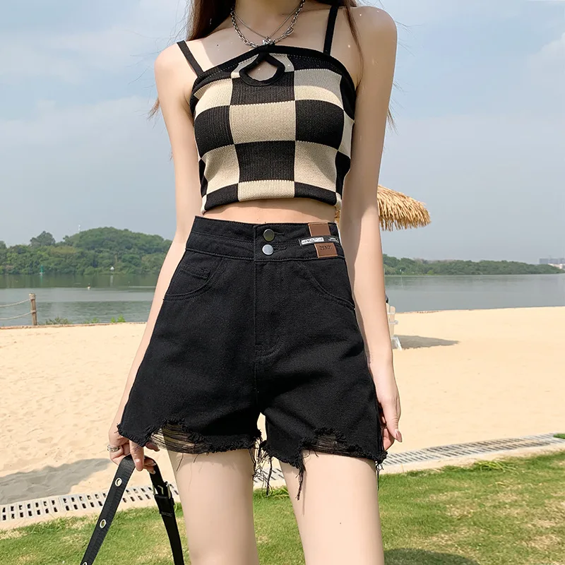 2023 Summer American Simple Denim Shorts Women\'s New Summer High Waist Loose A-line Slim Wide Leg Fur Hem Pants