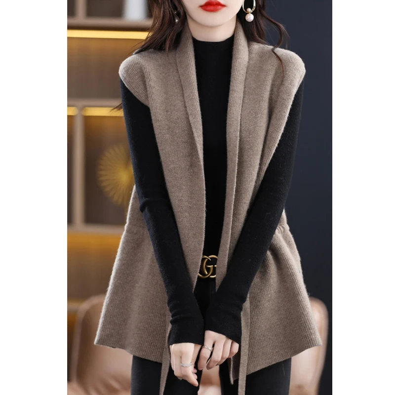 2024 Autumn Women Elegant Fashion Lace Up Cardigan Chic V Neck Loose Outerwears Sweater Vest Simple Sleeveless Knitted Waistcoat