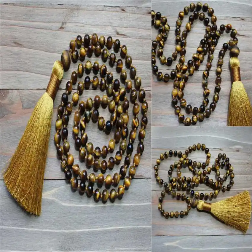 6mm Natural Tiger Eye 108 Beads Tassel Knot Necklace Pendant Beads Rustic Spiritual Seekers Religious Men Lariat Opera length