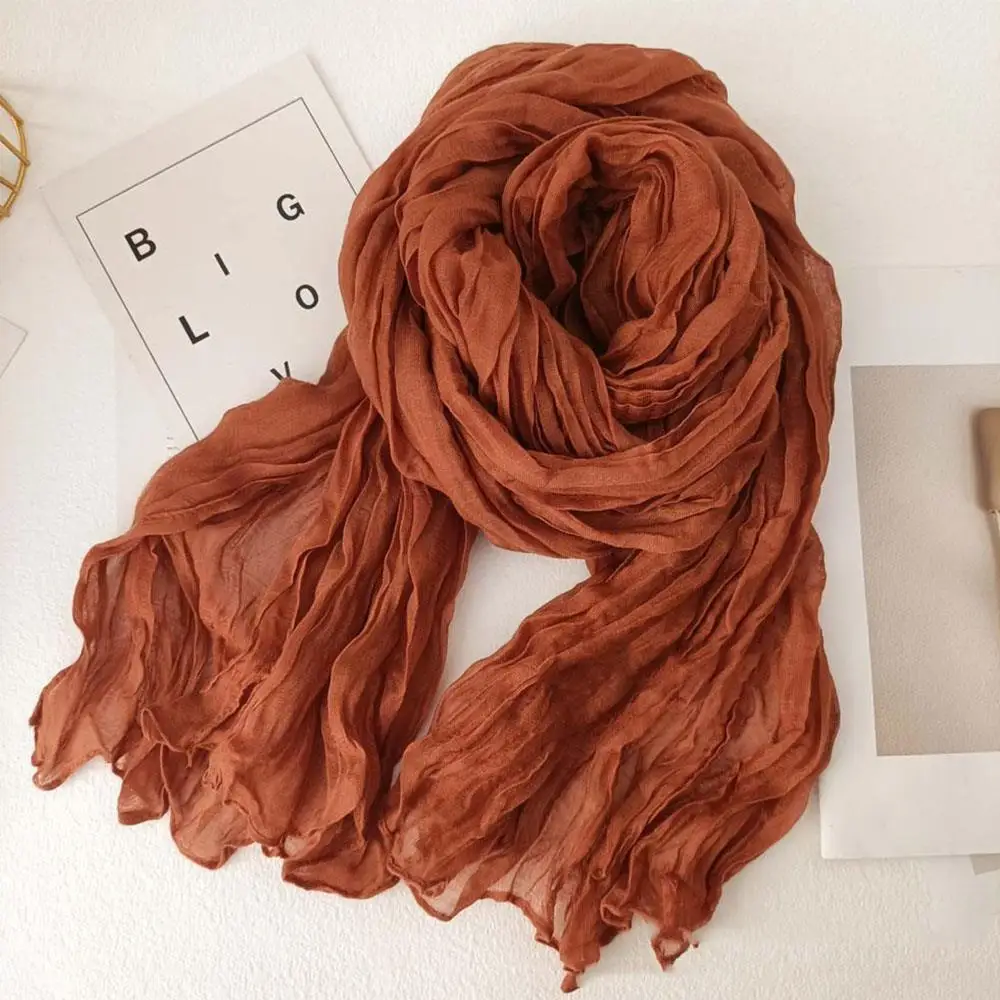 

Women Cotton Hemp Scarf Solid Color Pleated Long Scarf Winter Autumn Unisex Scarf Warm Neck Warmer Retro Wrinkle Twisted Scarves