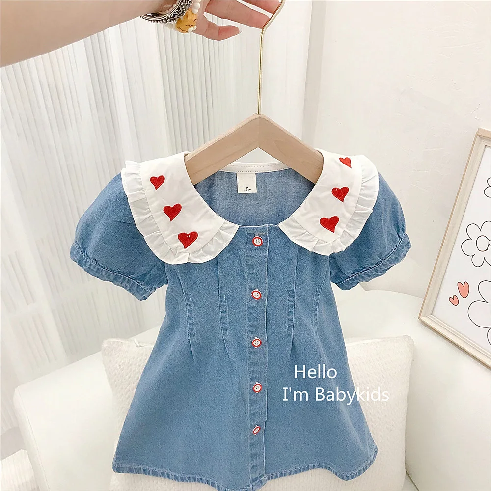 Fashion Kids Girls Denim Dress 2024 Summer Cute Love Print Peter Pan Collar Single-Breasted A-Line Dresses Children Clothing