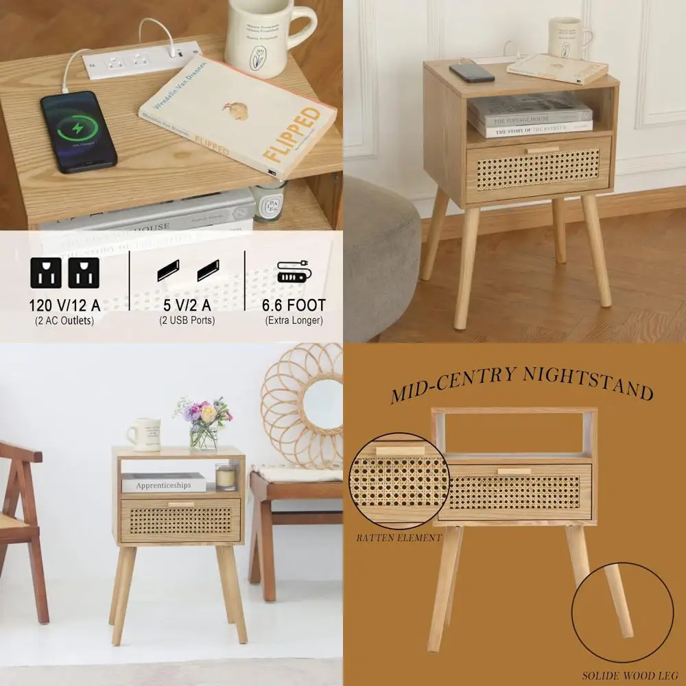 

Mid-Century Rattan Nightstand with Charging Station, Compact Wood Side Table for Living Room and Bedroom, Easy Assembly, Natural